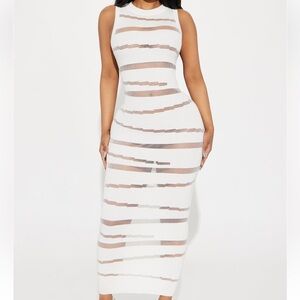 White cutout striped tiger mesh long bodycon fitted light sweater dress small